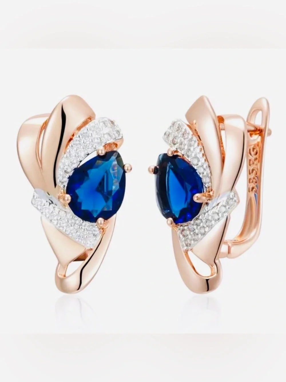 Rose Gold Earrings with Blue Teardrop Gemstones